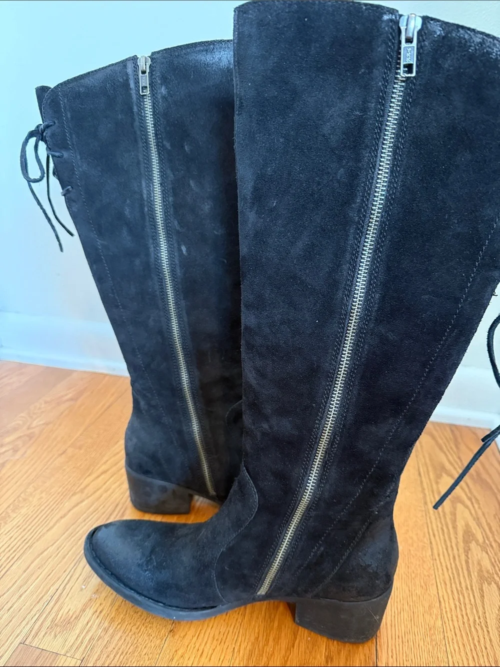 Born Black Suede Knee Boots with Back Tie and Side Zipper